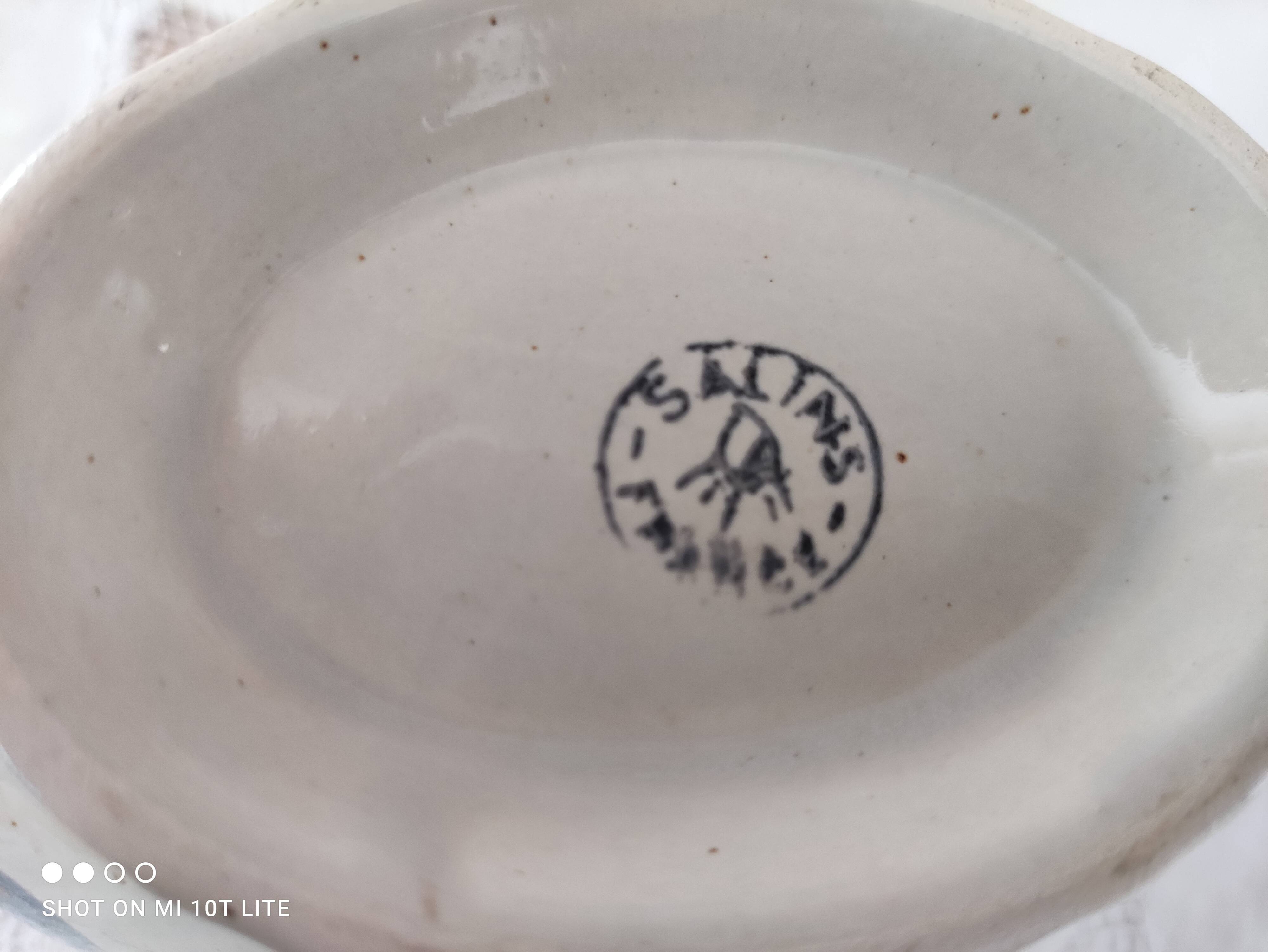 Saucière Salins France in speckled earthenware light blue foral decoration