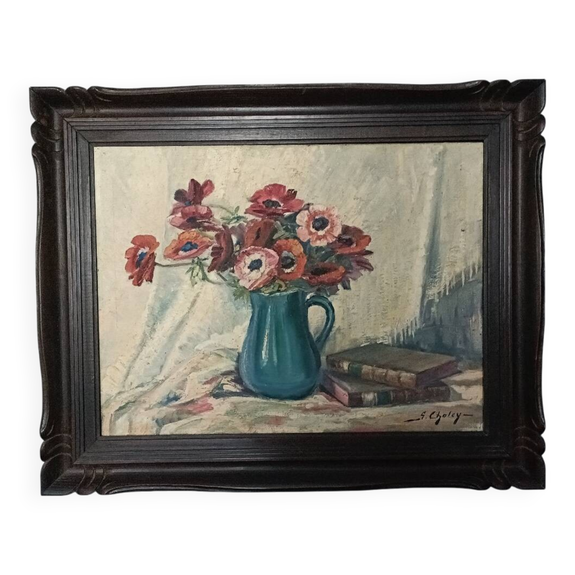 Grande huile sur toile, vase fleuri, Gustav Choley