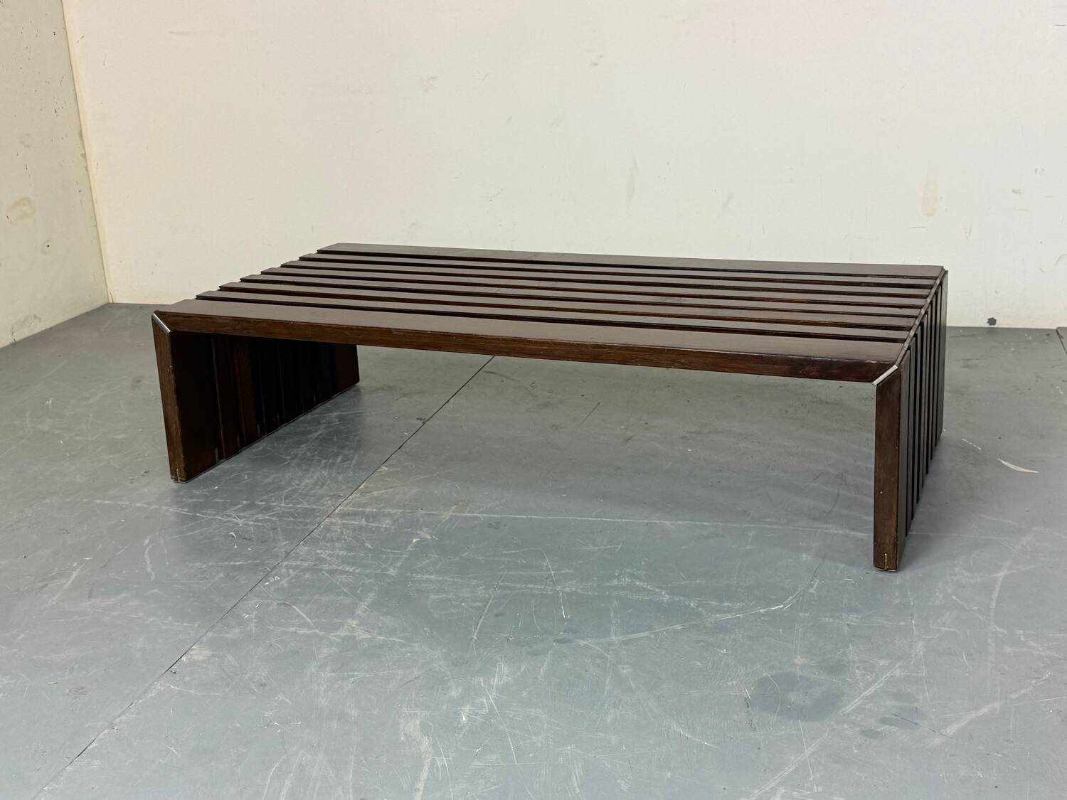 Mid Century Modernist wood and metal Slatted Bench Coffee Table