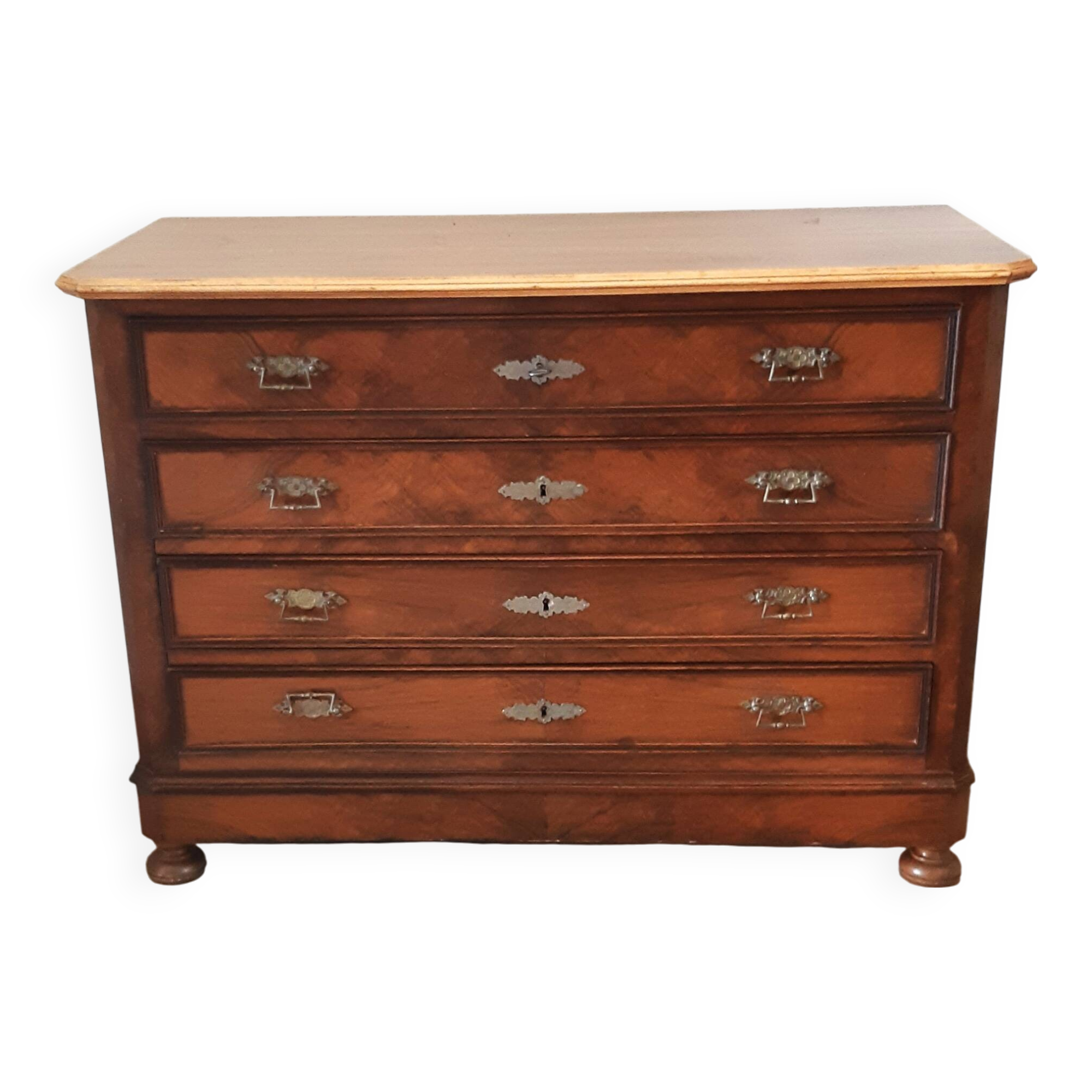 1900 chest of drawers with canted sides, walnut and period walnut veneer, restored