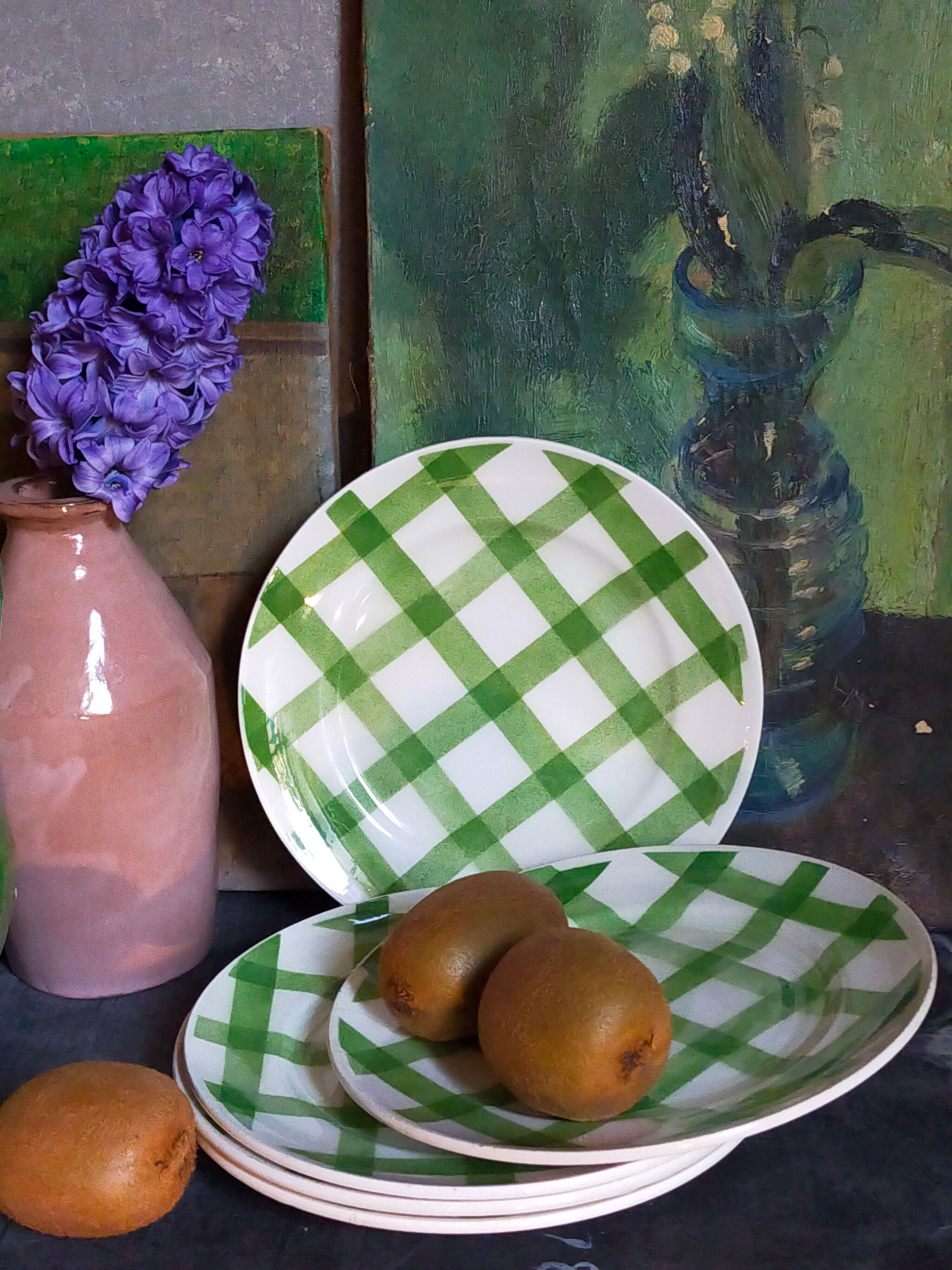 Five dessert plates Orchis-Moulin des Loups vintage checkered décor