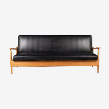 Retro Mid Century Teak & Beach Day Bed Sofa Bed In Black Leather