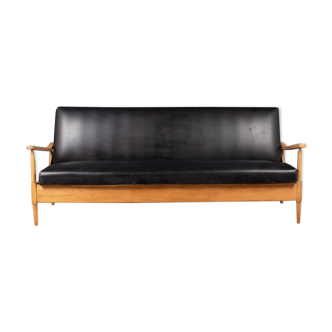 Retro Mid Century Teak & Beach Day Bed Sofa Bed In Black Leather