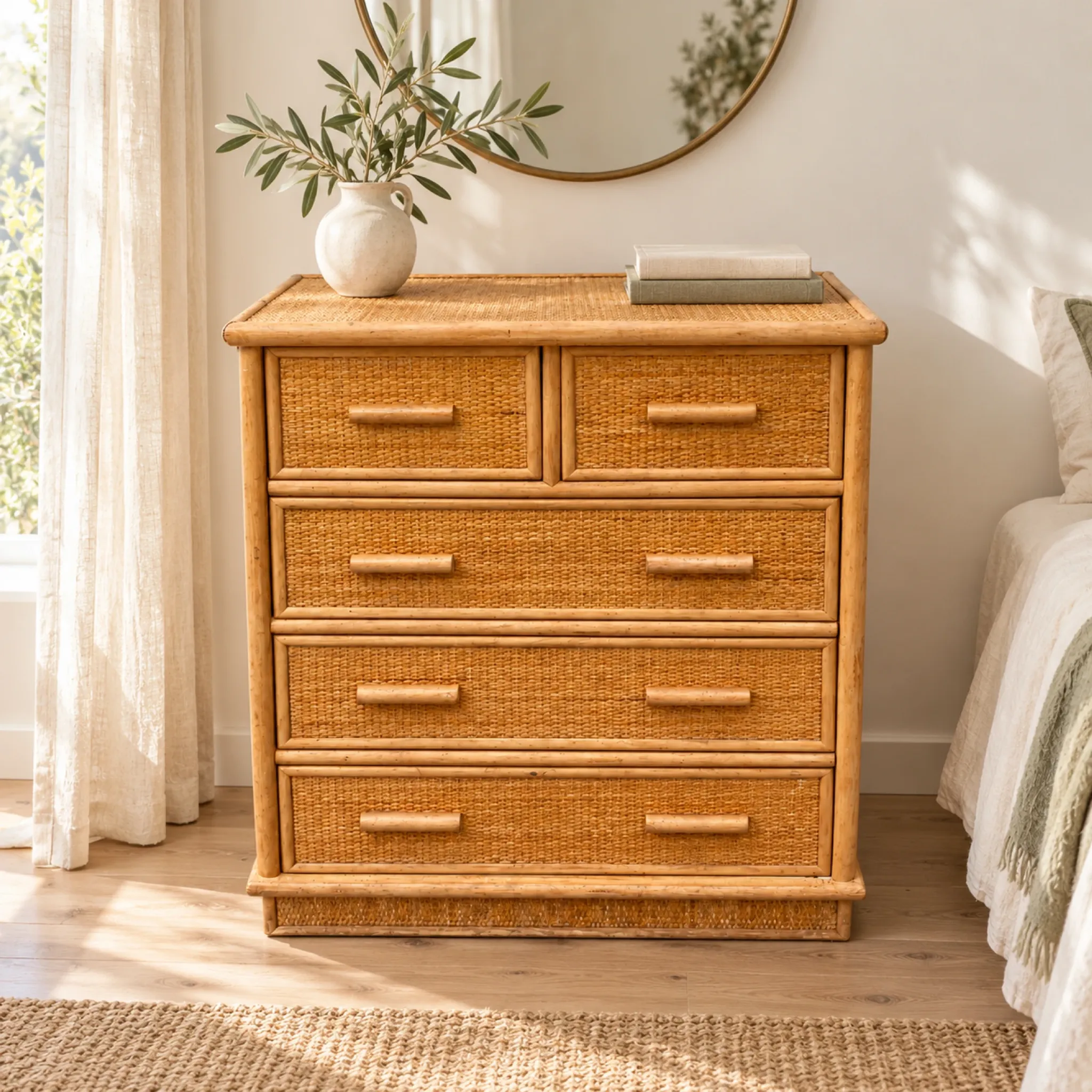 Vintage woven rattan commode with five drawers – bohemian style