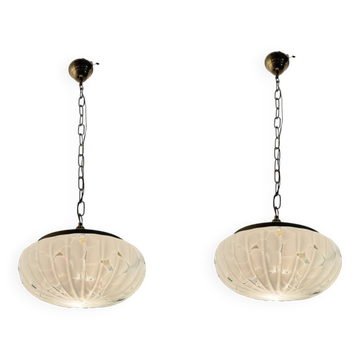 Lot de 2 suspensions lumineuses en verre de Murano blanc, années 1980