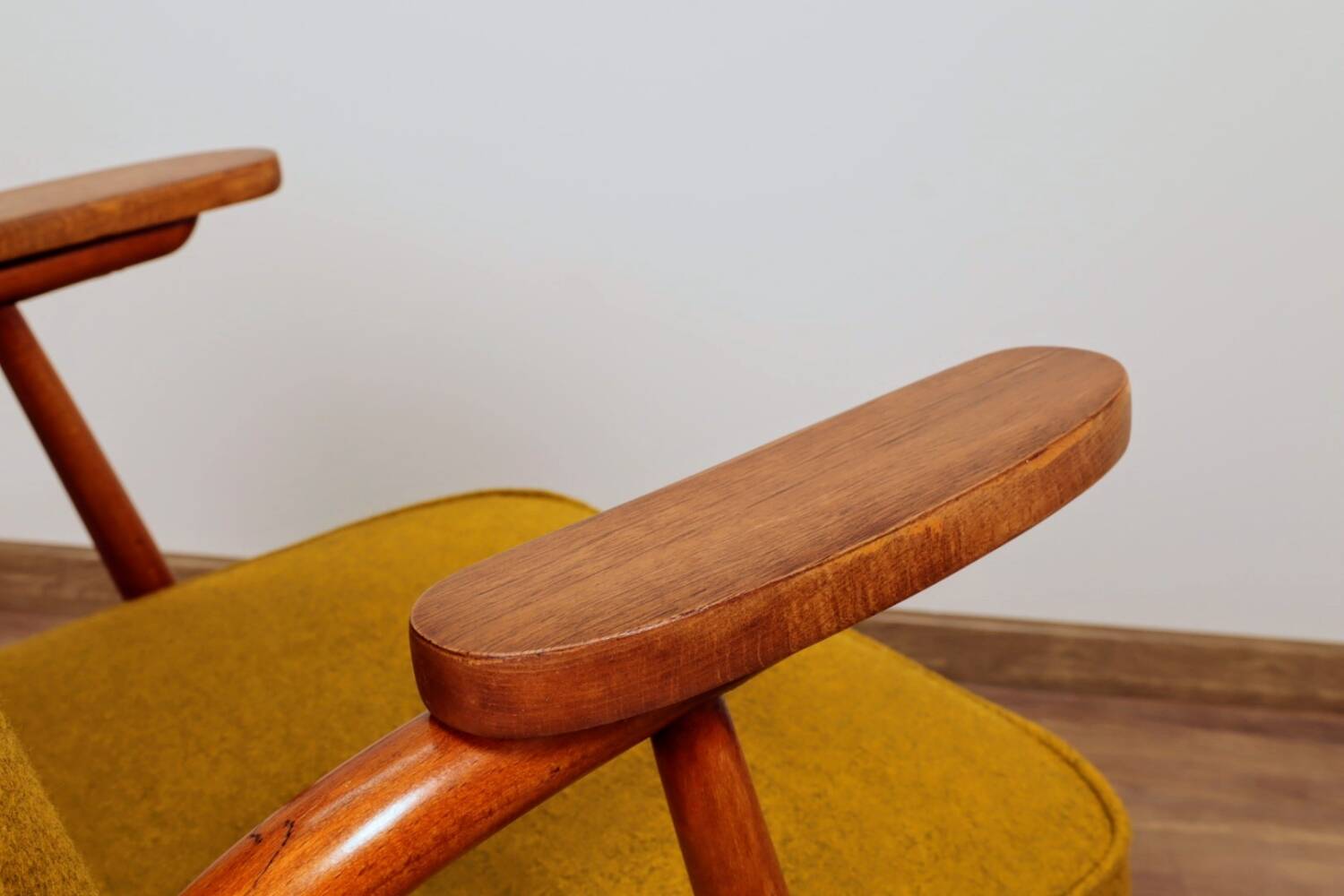 Set of MID Century Armchairs Ocher Yellow Wool, Turned Legs, 1960s