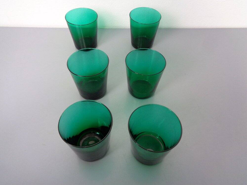 Italian green glass decanter and tumbler, 1960s, set of 7.