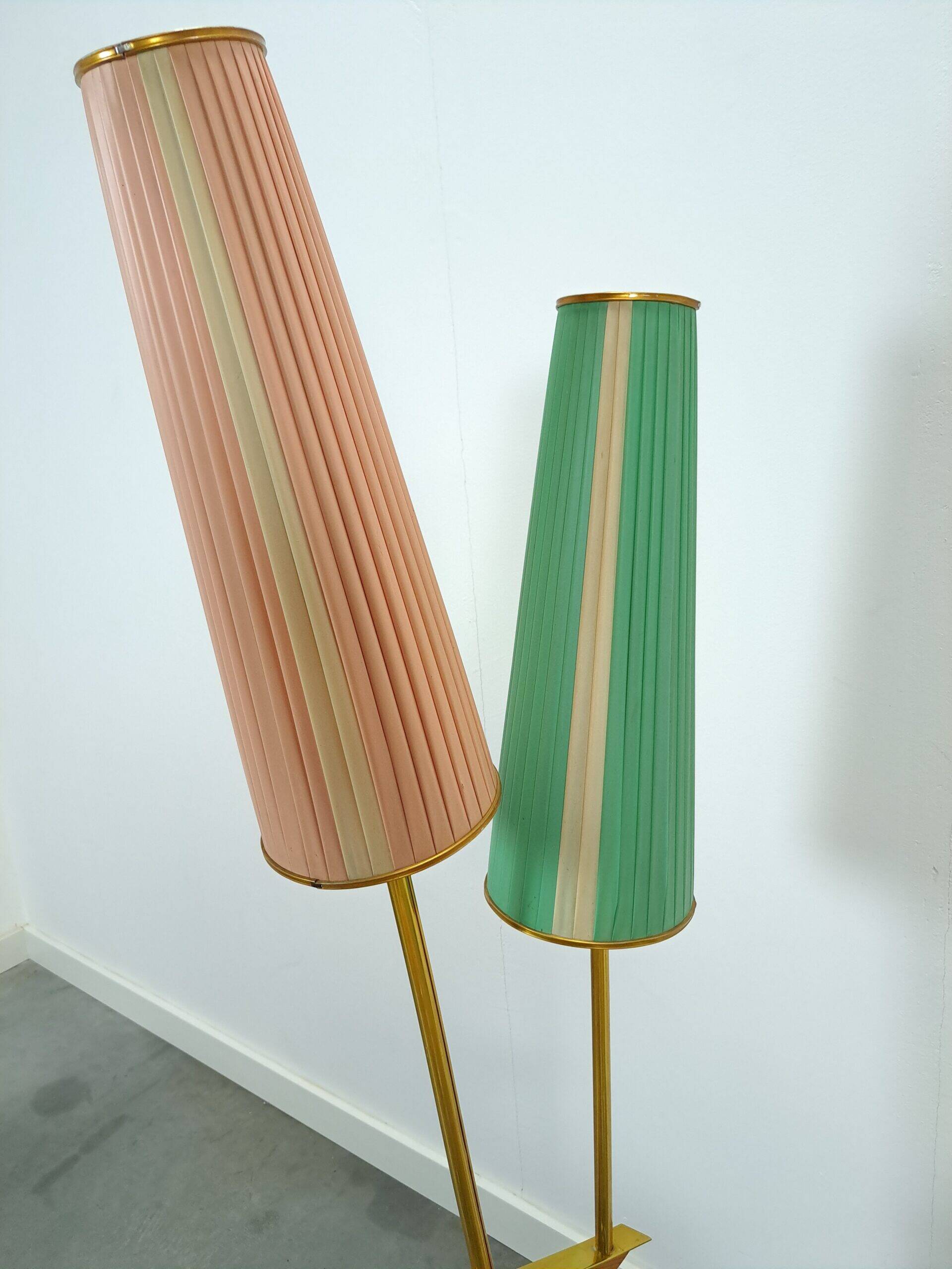 1950s floor lamp with pink and green shade and gold-coloured legs