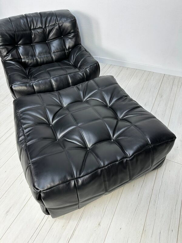 Fauteuil en cuir vintage des années 80 Kashima 1 place + ottoman par Michel Ducaroy pour Ligne Roset