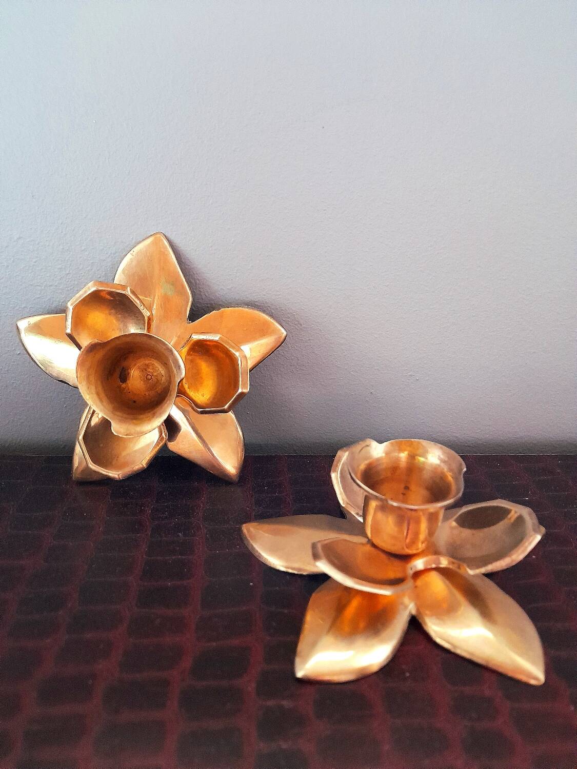 Brass flower candlesticks, 1970.