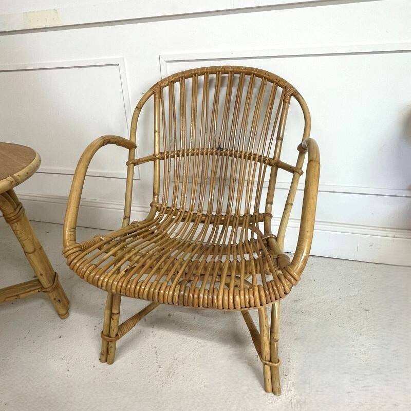 Audoux-Minnet rattan lounge set, 2 armchairs and table 1950-1960
