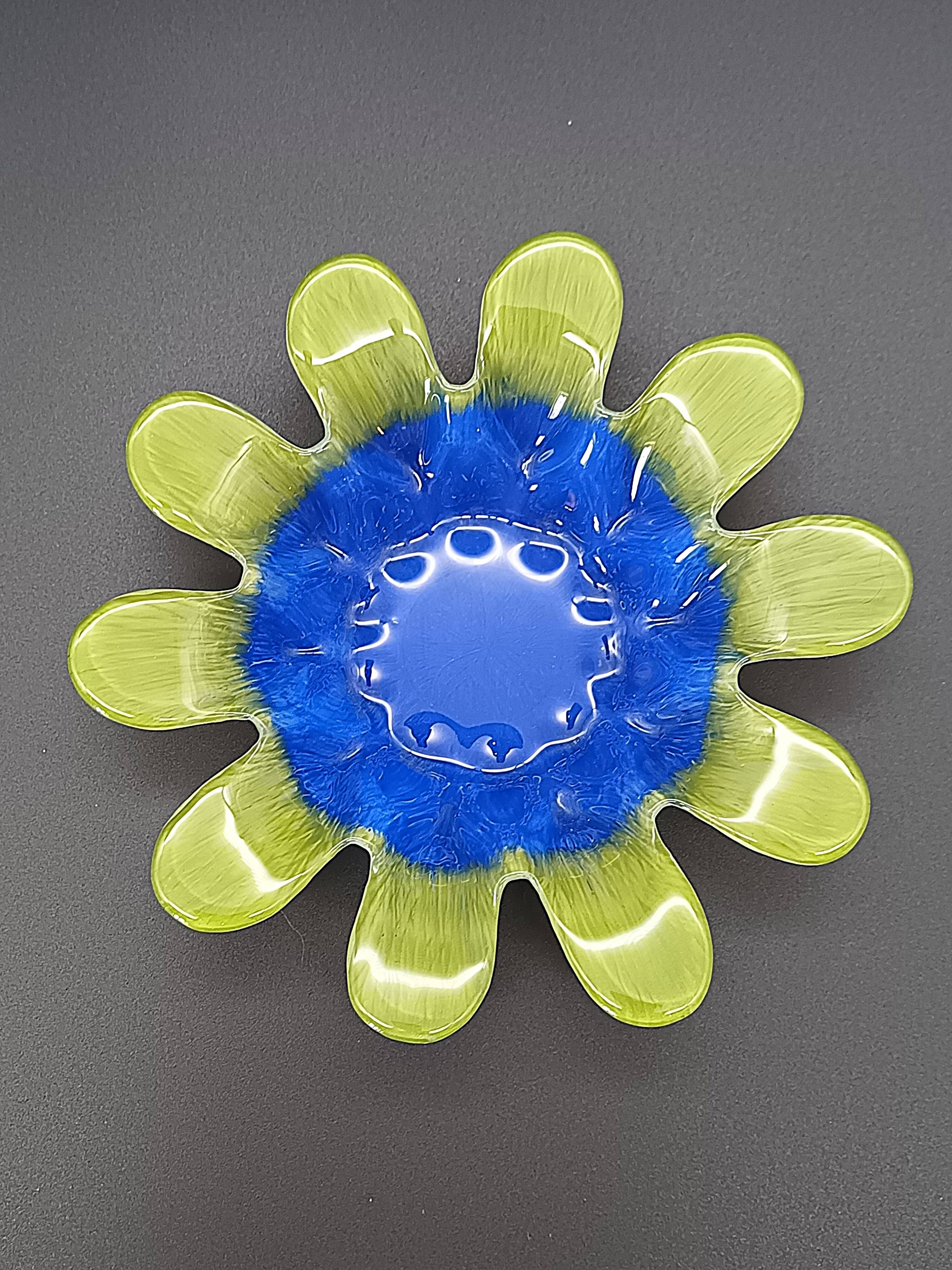 Vintage glass pressed blue & lime green bowl / flower holder