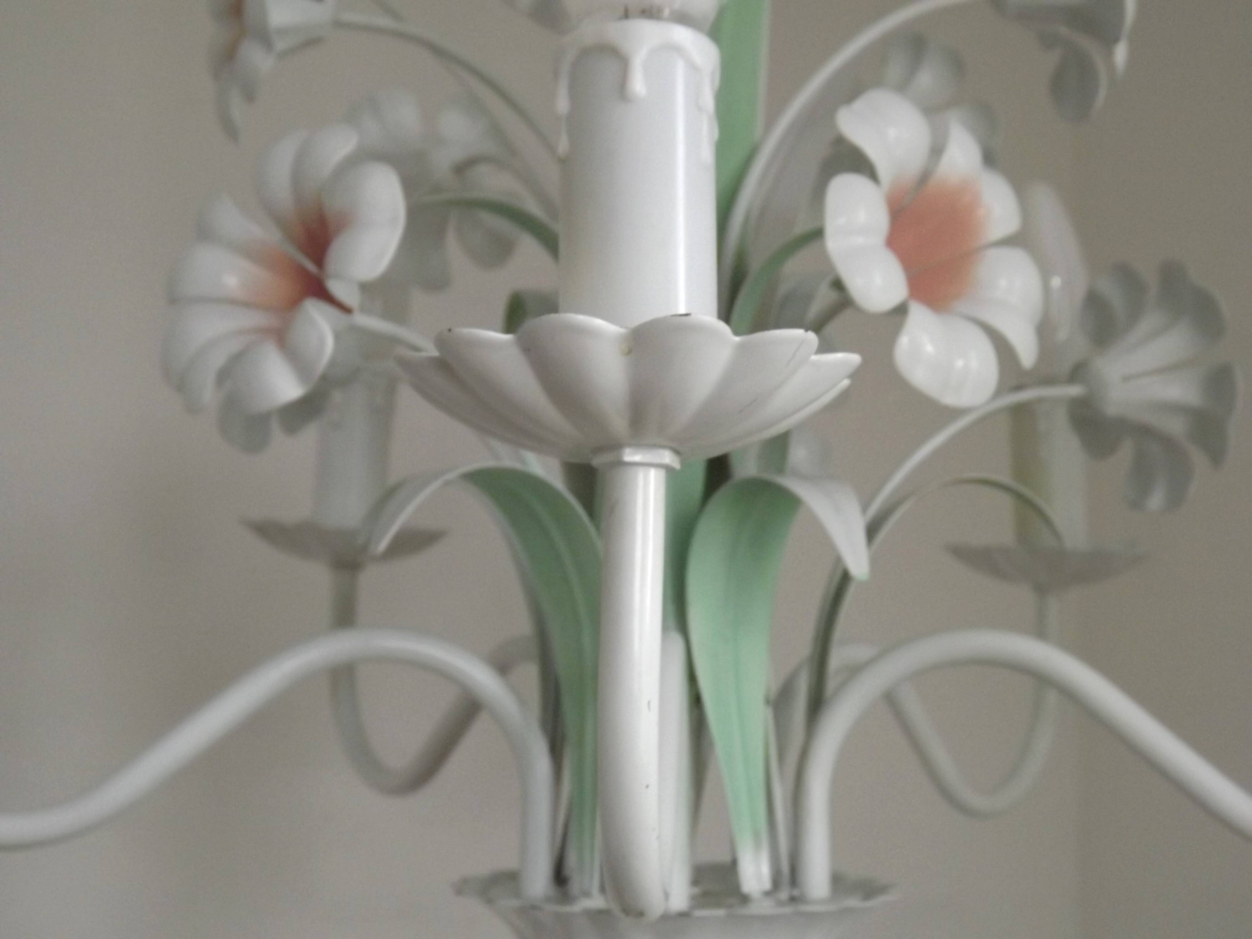 French Vintage 5 Light White Metal Chandelier With Pretty Pink Flowers