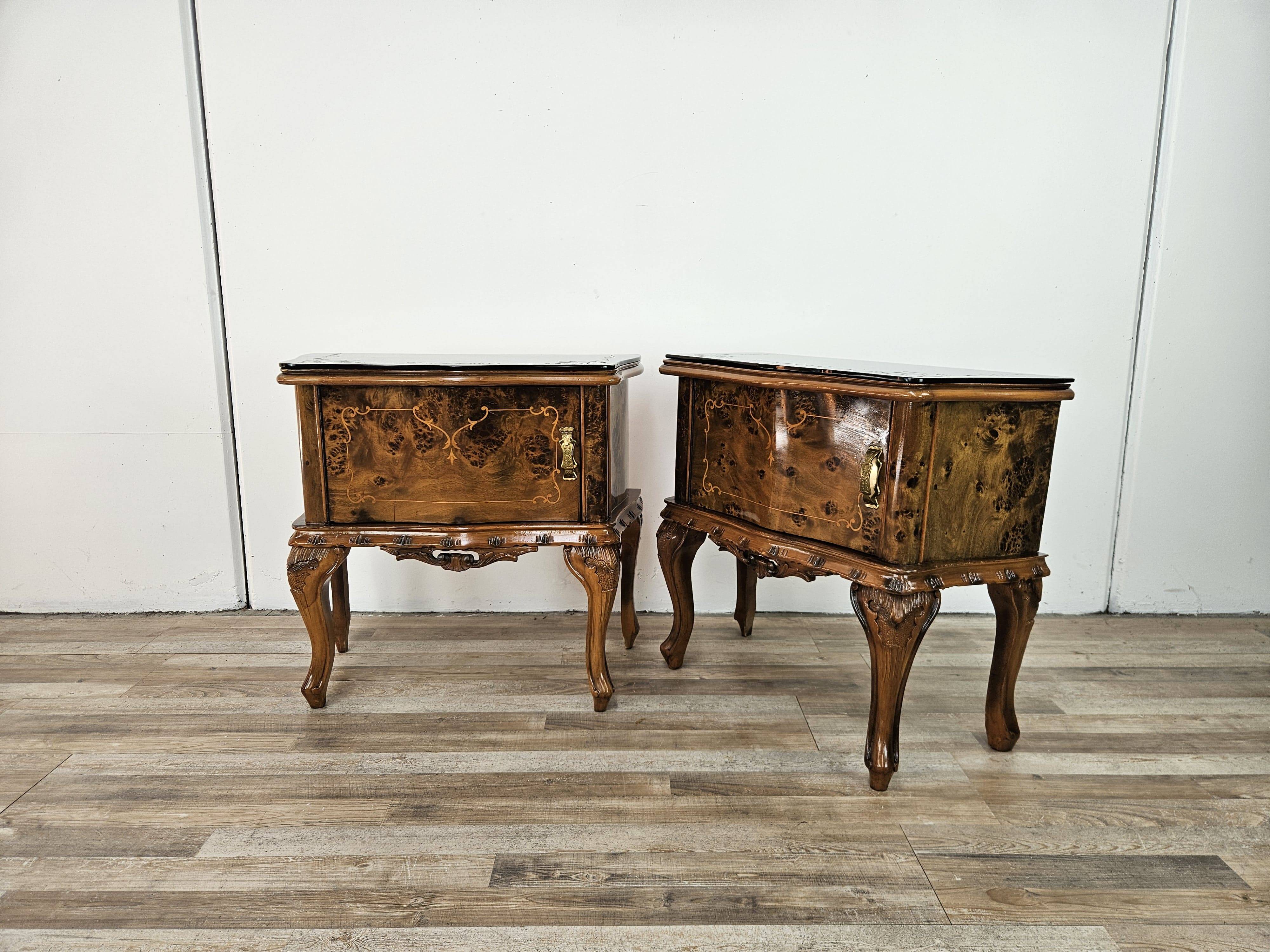 1950s Chippendale bedside tables with black glass