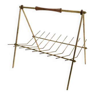 Minimal Vintage Brass and Solid Wood Magazine Rack, Italy