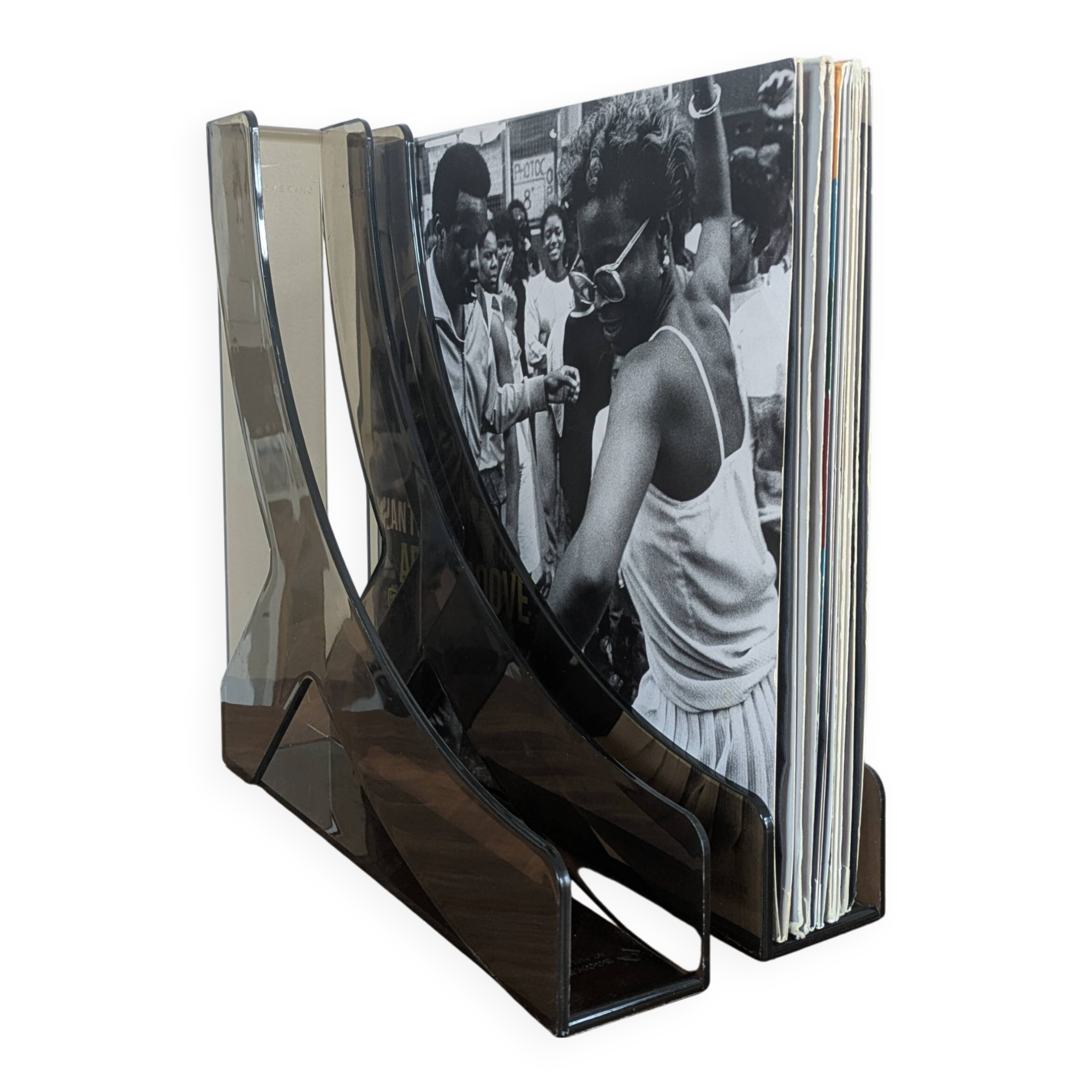 Vintage smoked plexiglass vinyl record holder / 70s