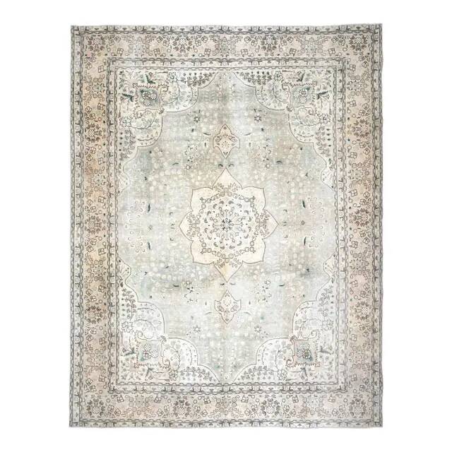 1970s Vintage Persian Handmade Wool Cotton Beige Area Rug 304x405