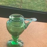 Candle holder, oil lamp in blown glass green glassware of vintage biot signed