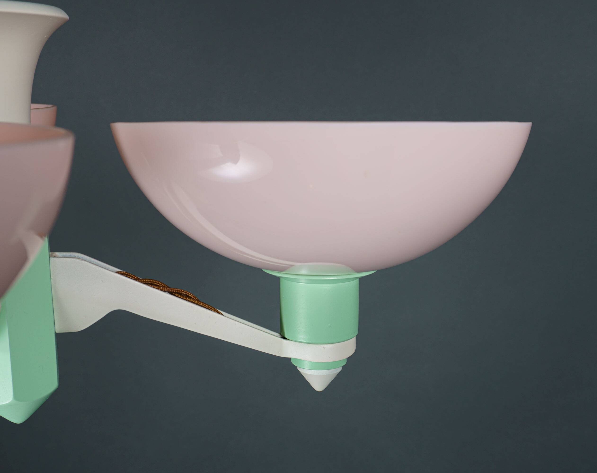 Scarce British Art Deco Pink-Green Aluminium Chandelier & Pink UF Shades