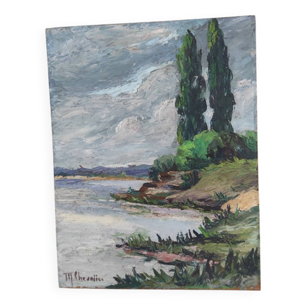 Tableau paysage bord de rivière (signé Chevalier)