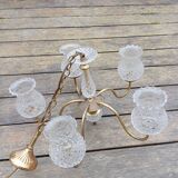 Ceiling chandelier with 5 tulip branches, diamond tip, brass style, 1950s