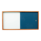 A vintage mid-century wall hung oak cabinet, blue & white sliding glass doors