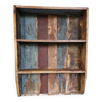 Etagère murale 3 étagères + 4 crochets fonte en bois polychrome