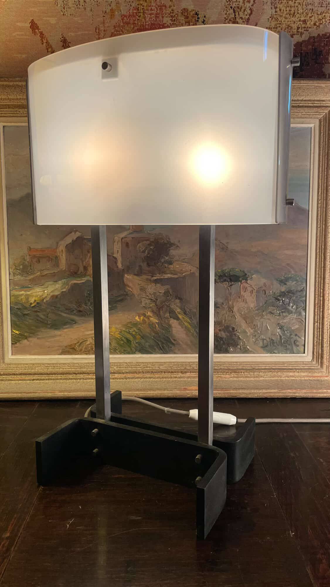 70's design lamp. Chrome with white and smoked grey Plexiglas.