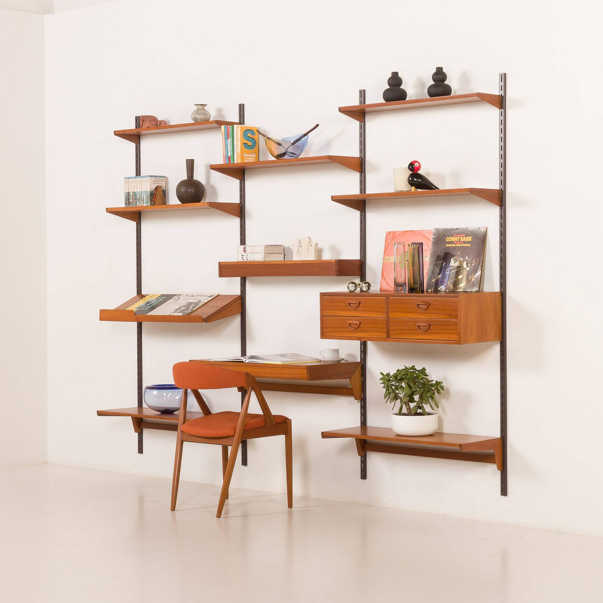 Kai Kristiansen teak wall unit with a desk and a lamp, FM Mobler, 1960s
