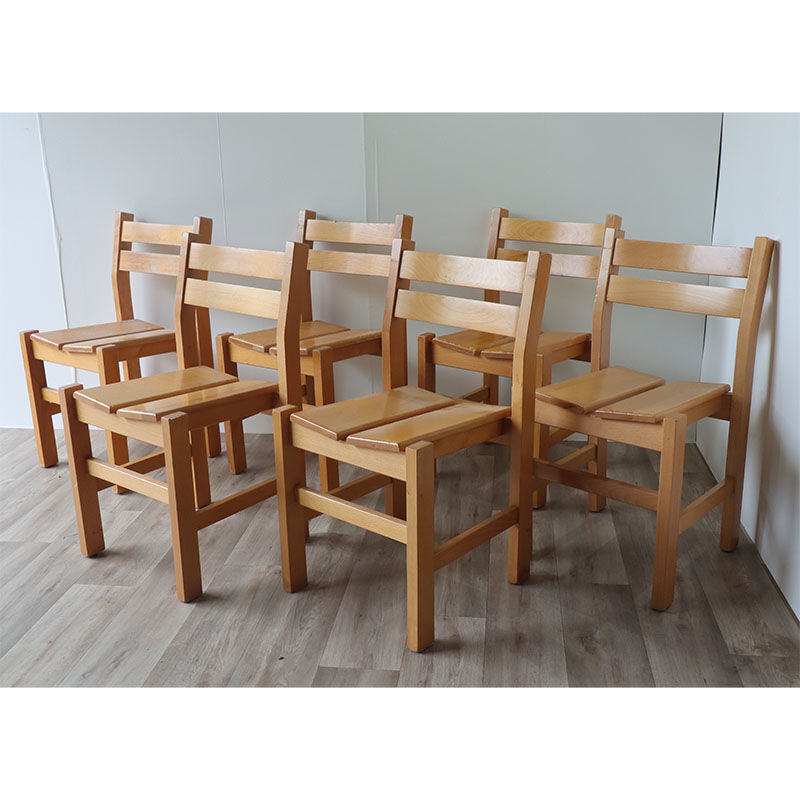 Series of 6 vintage chairs in solid pine 1960