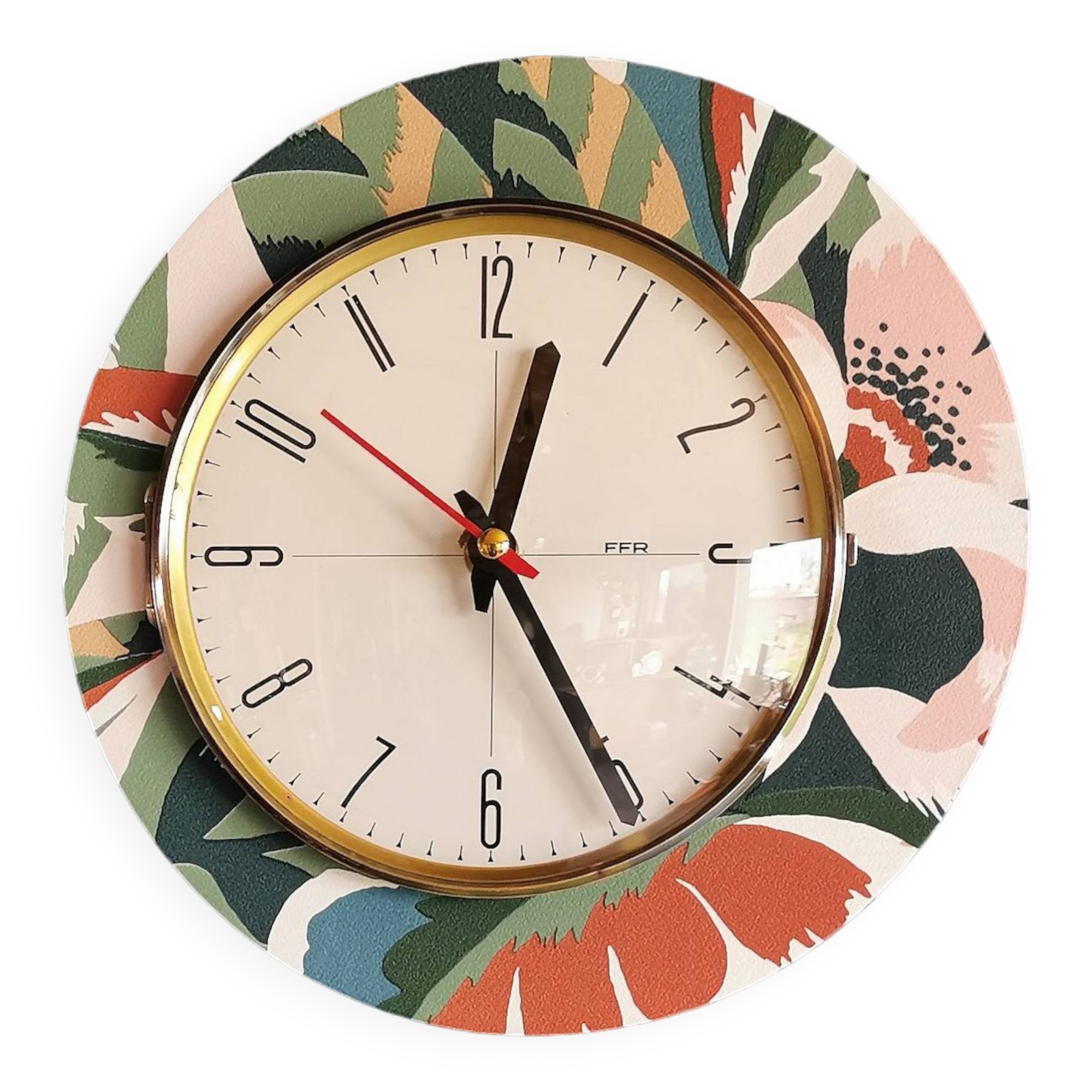 Vintage formica clock round silent wall pendulum "FFR terracotta green"