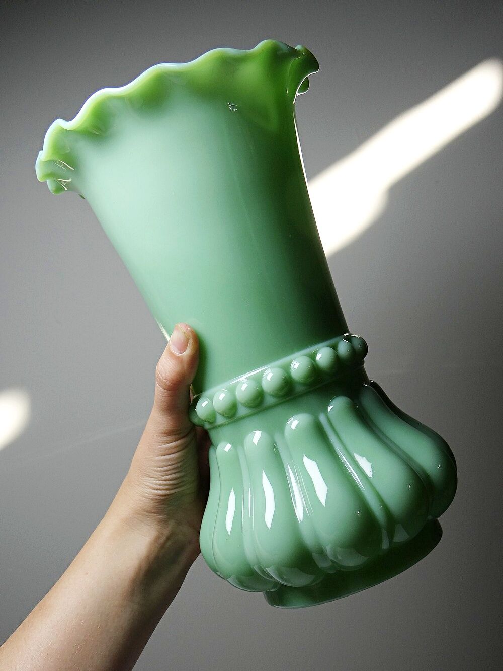 Large antique jade green opaline crystal vase, circa 1900-1930.