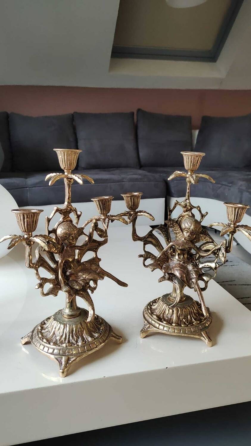 Pair of Antique 3-light candlesticks. Puttis/Cherubs. Bronze
