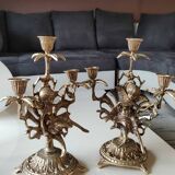 Pair of Antique 3-light candlesticks. Puttis/Cherubs. Bronze