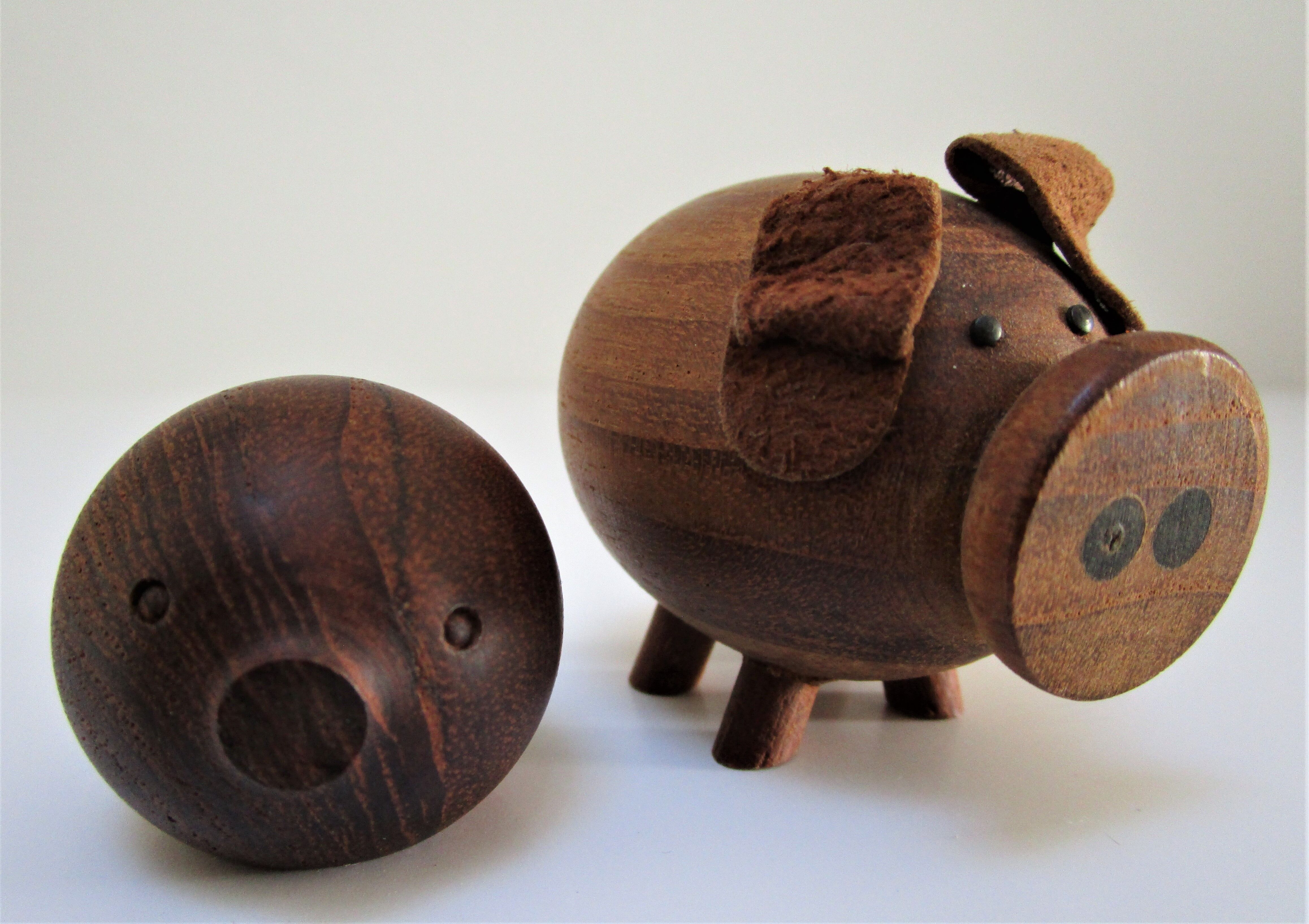 pig and fish wood teak vintage Scandinavian toy 60s