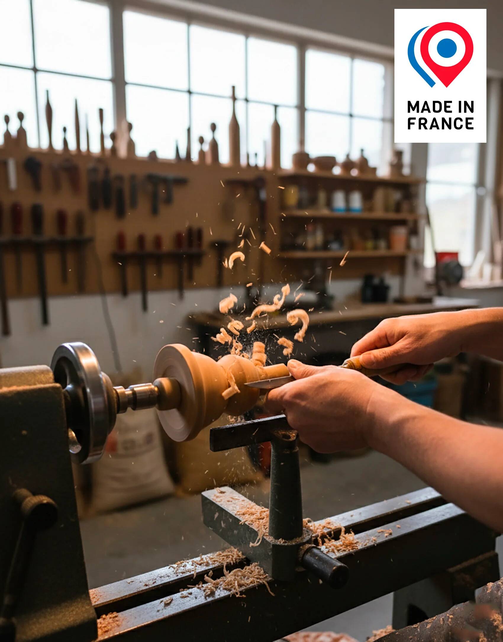 Suspension plissée "Olga" tissu à carreaux terra et finition bois tourné