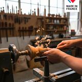 Suspension plissée "Olga" tissu à carreaux terra et finition bois tourné