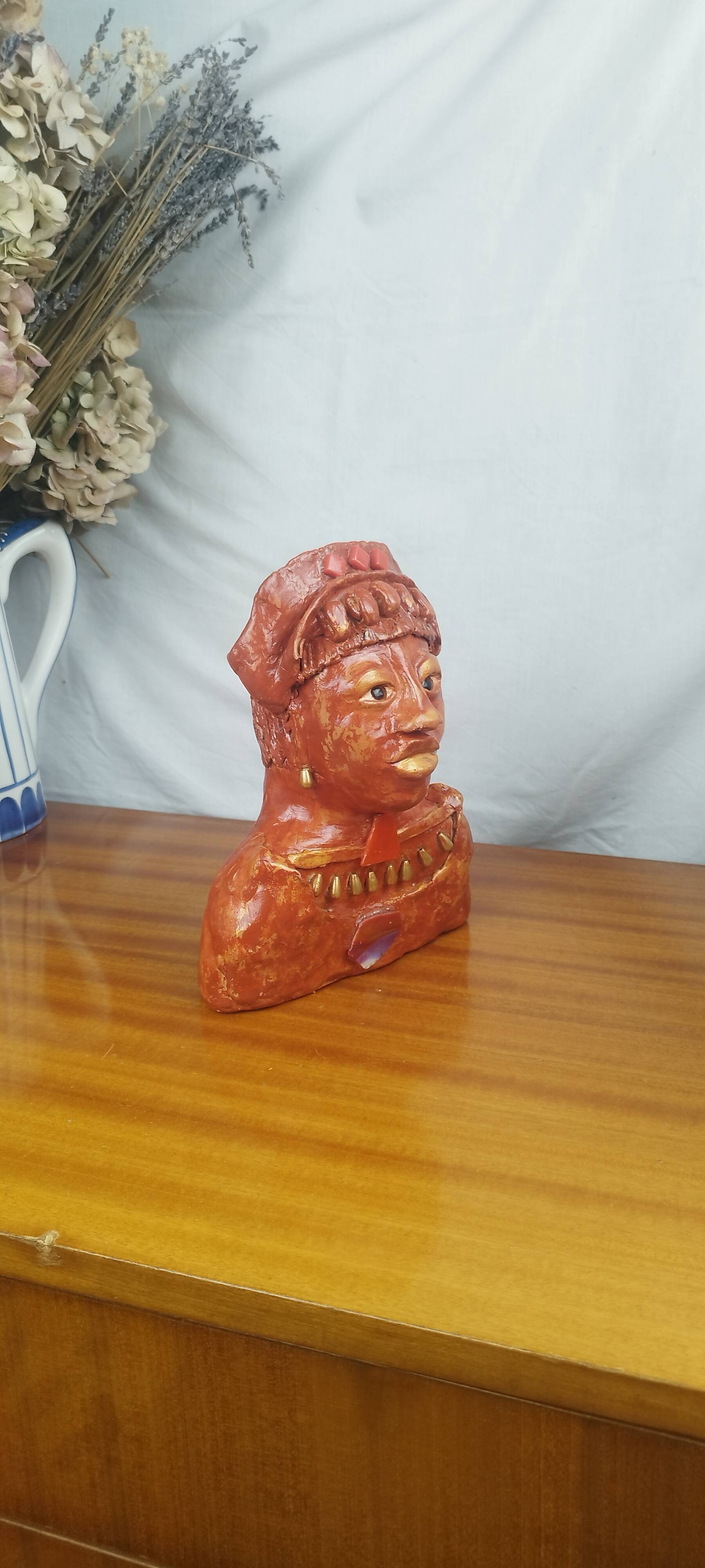 African Woman Bust In Clay, Vintage Modern Figurative Art