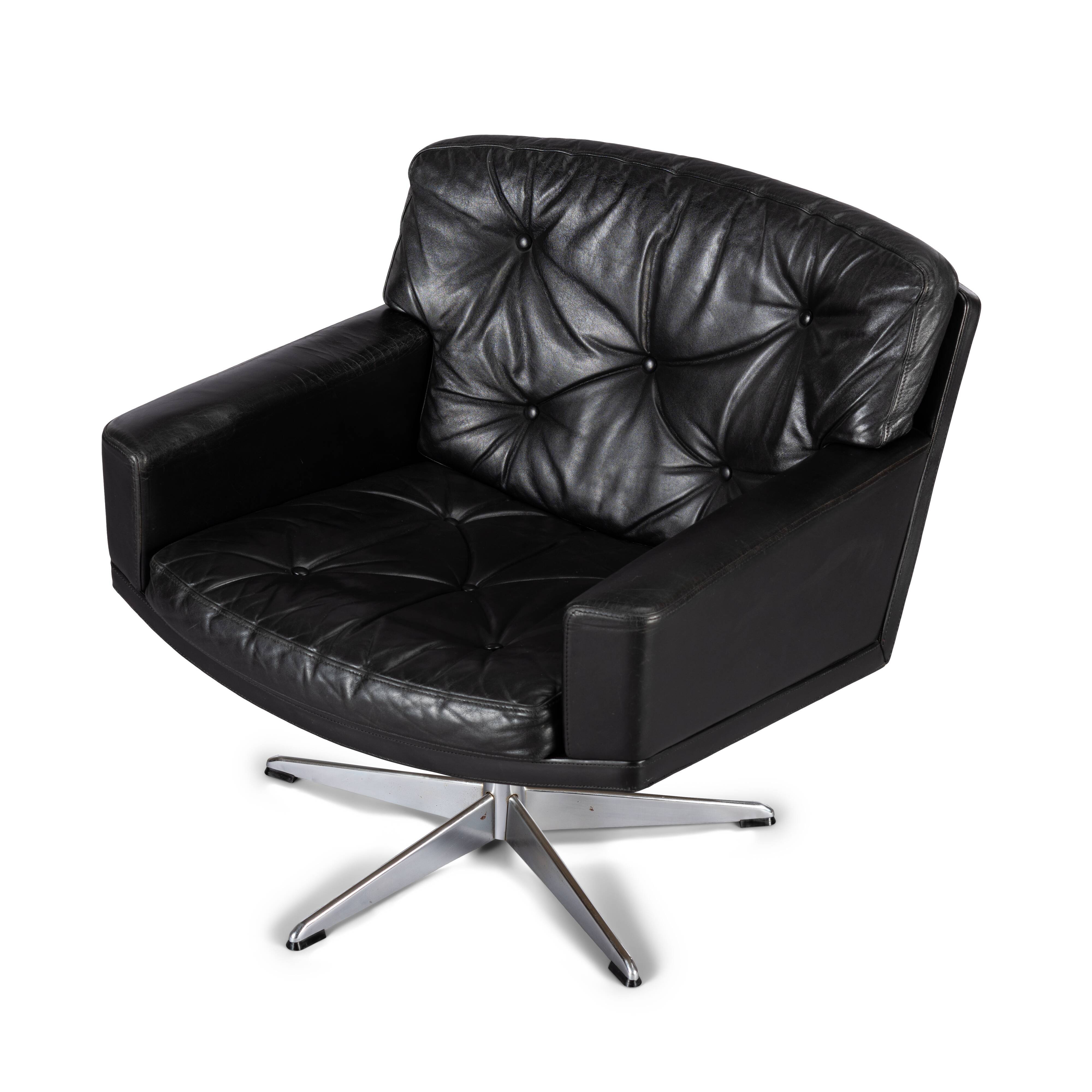 Mid-century black leather swivel chair by Lystager, 1960s