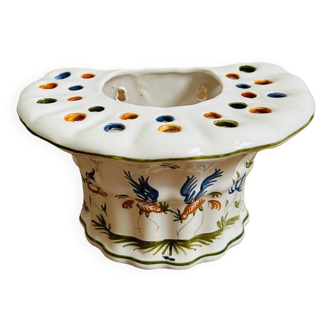 Joli Bouquetière Pique-fleurs vase  faience Moustiers décor fleurs et oiseaux