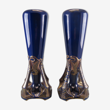 Paire de vases en faïence bleu de four signé k.g. luneville période art nouveau