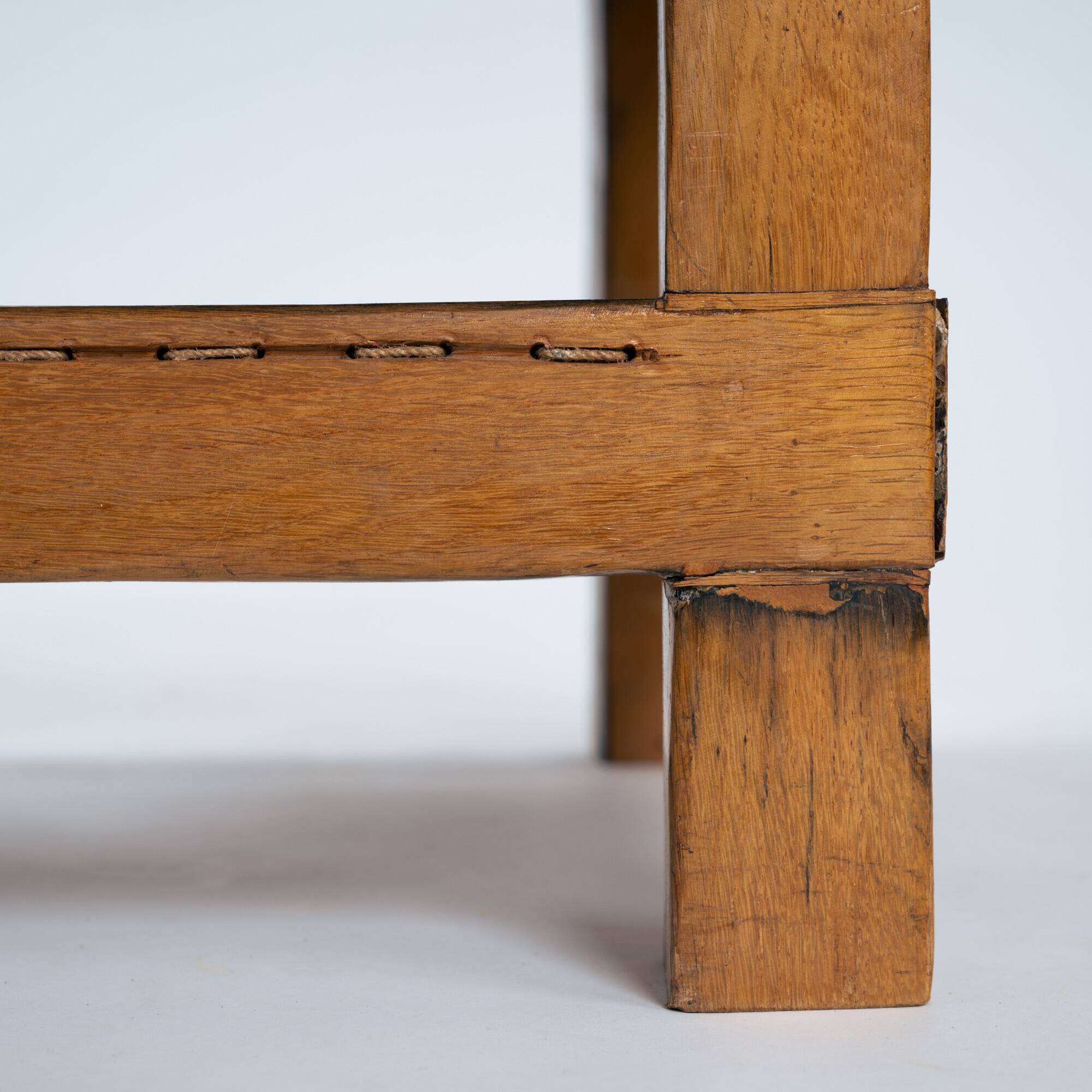 Oak coffee table with lower rope shelf, 1970s