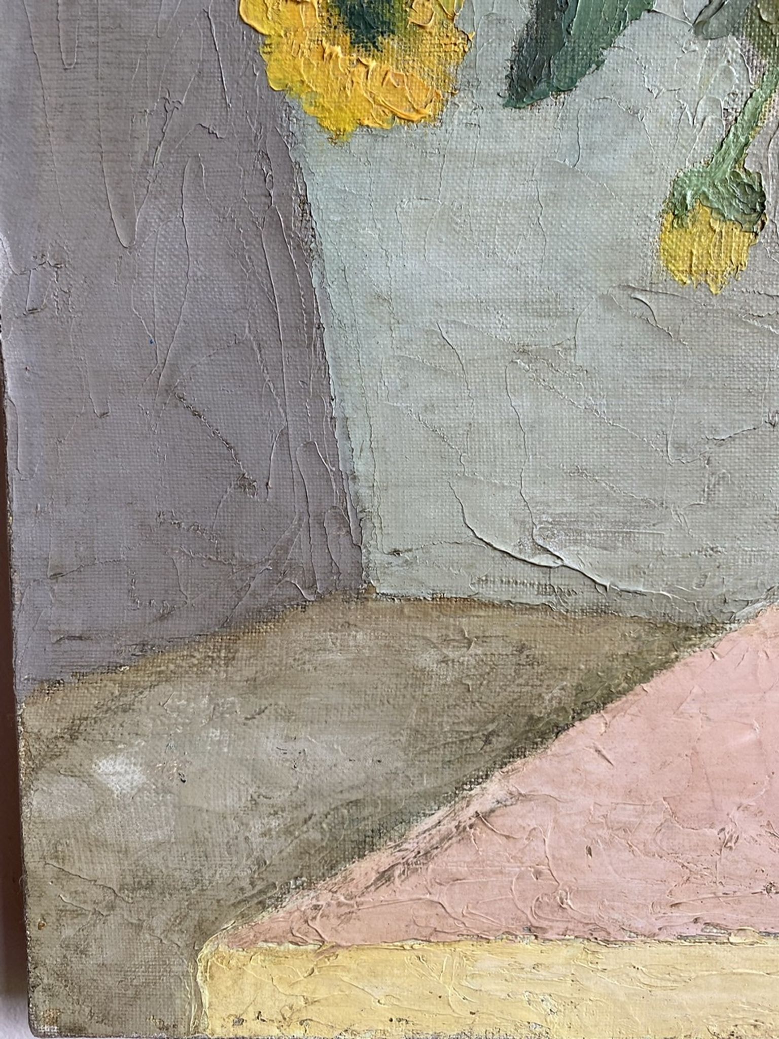 Antique painting, still life with blue vase and flowers, mid-20th century