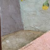 Antique painting, still life with blue vase and flowers, mid-20th century