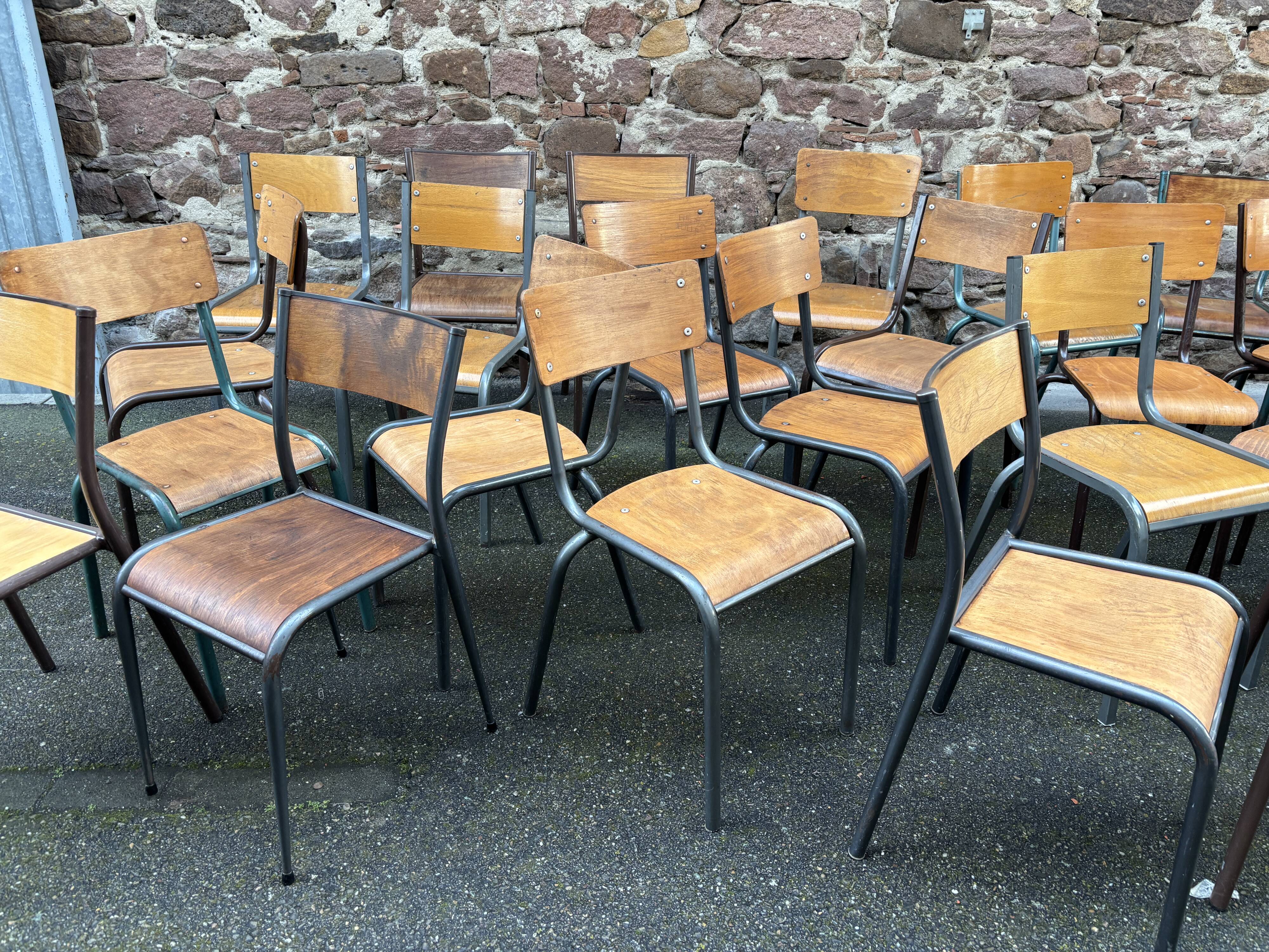 30 mismatched vintage industrial school chairs MULLCA tube & wood