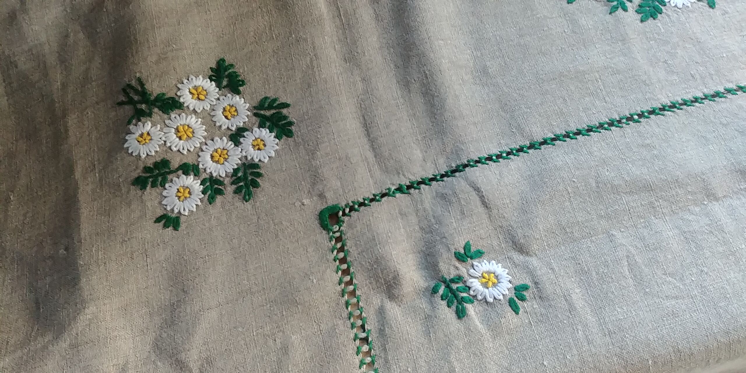 Hand embroidered linen tablecloth