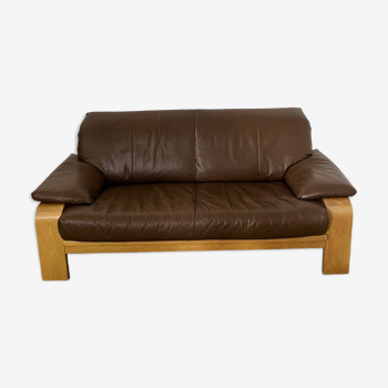 Ancien canapé 2 places en cuir brun et hêtre design des années 80 vintage