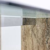 Console, or desk, in glass and travertine. 1980s.