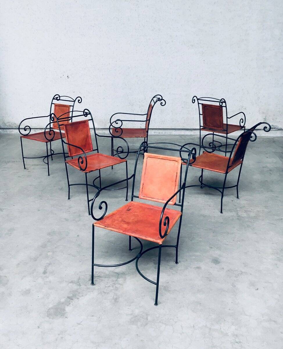 Wrought Iron and Leather Swirl Dining Chairs, Spain, 1960s, Set of 6