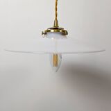 Vintage suspension in white opaline, elegant light fixture with soft light.